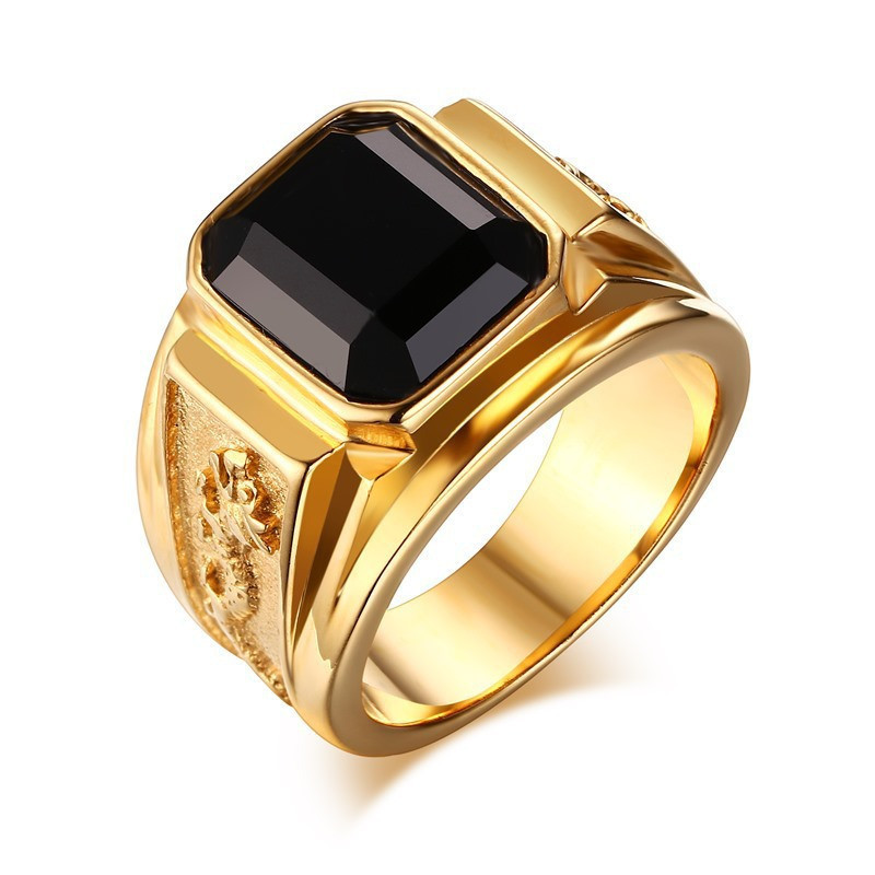 Cross-Border Hot Selling Jewelry Retro Black Zircon Ring Fashion Business Men's Gold Ring Factory Direct Sale