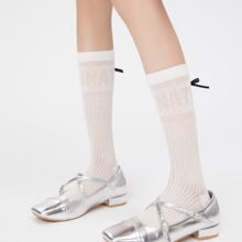 杂志同款2025春夏新款薄棉后跟蝴蝶结JK ins风英文长筒女袜批发