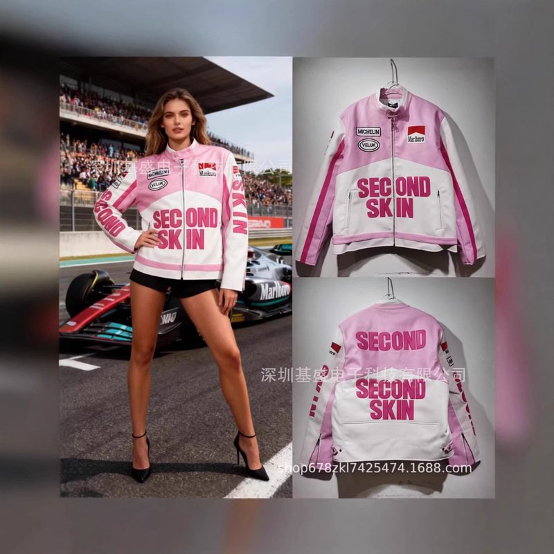 2026 New Cross-Border Marlboro Pink Motorcycle Racing Suit American-Style Pu Leather Couple Jacket