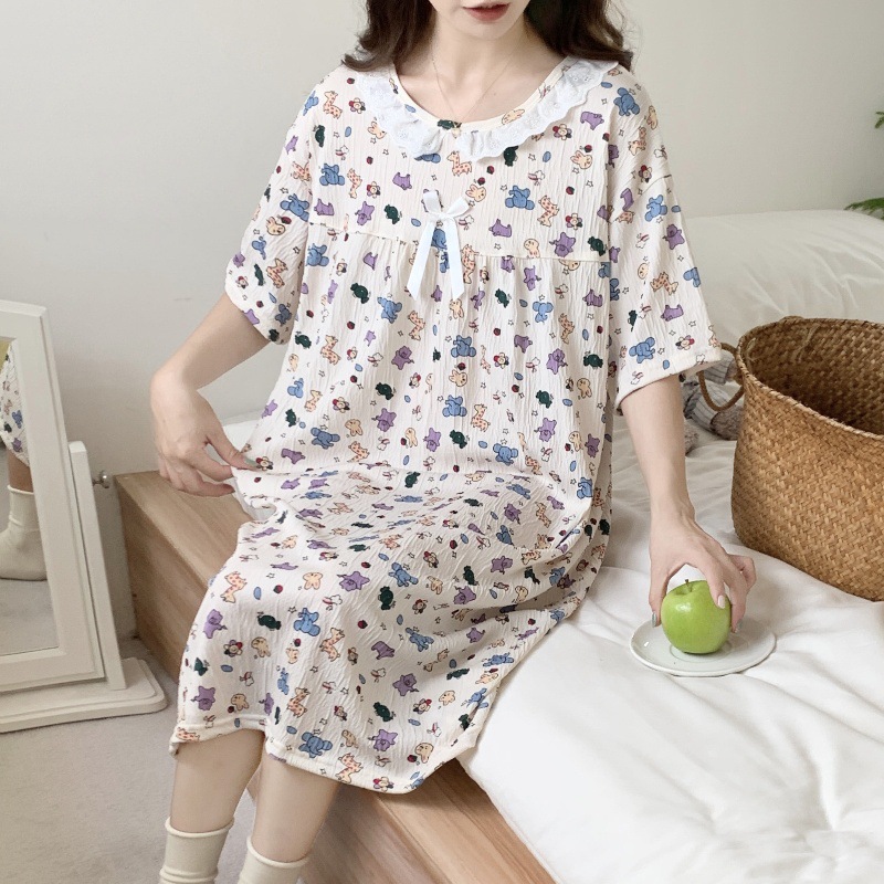 Verano 2024 vestido de pijama de niñas encaje de algodón tela arrugada dibujos animados manga corta media y larga lindo dulce ropa de hogar estudiantil