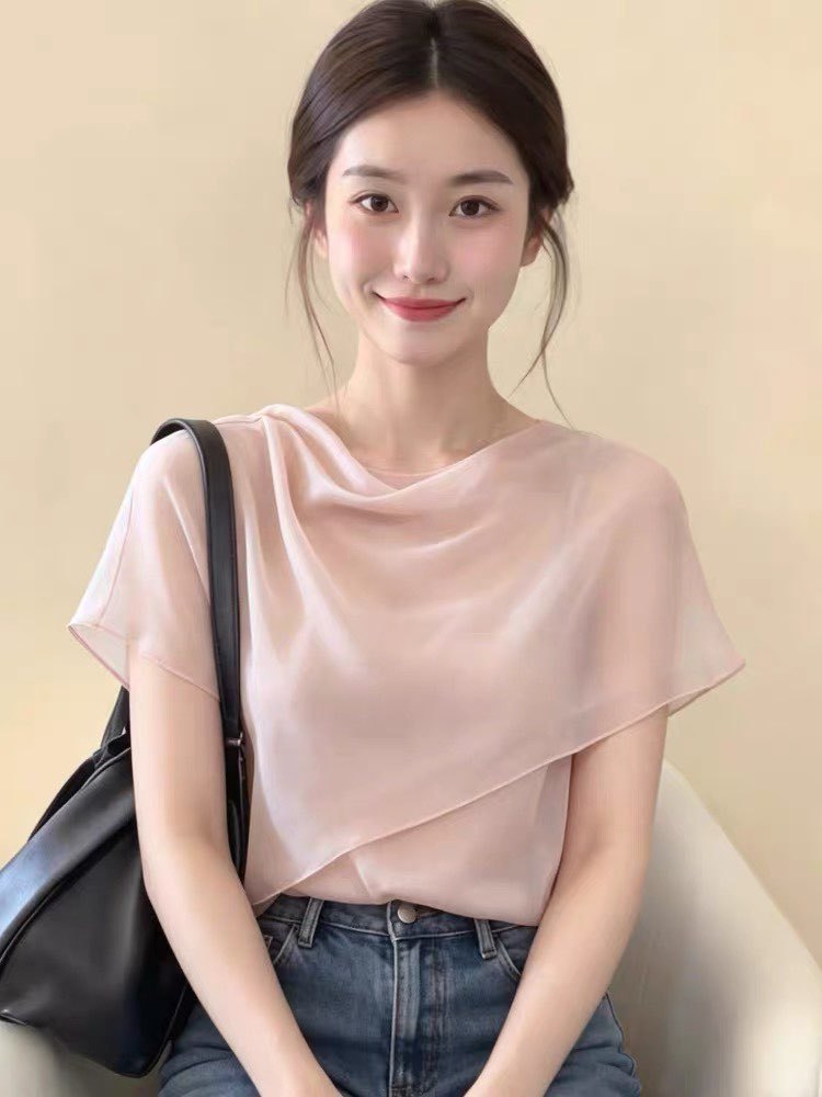 Áo sơ mi nữ tay ngắn cổ lắc choàng kiểu Pháp thiết kế sang trọng — màu hồng
