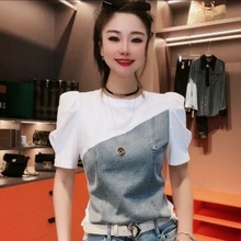欧洲站小众牛仔拼接T恤女短袖2025夏新款修身洋气泡泡袖上衣圆领