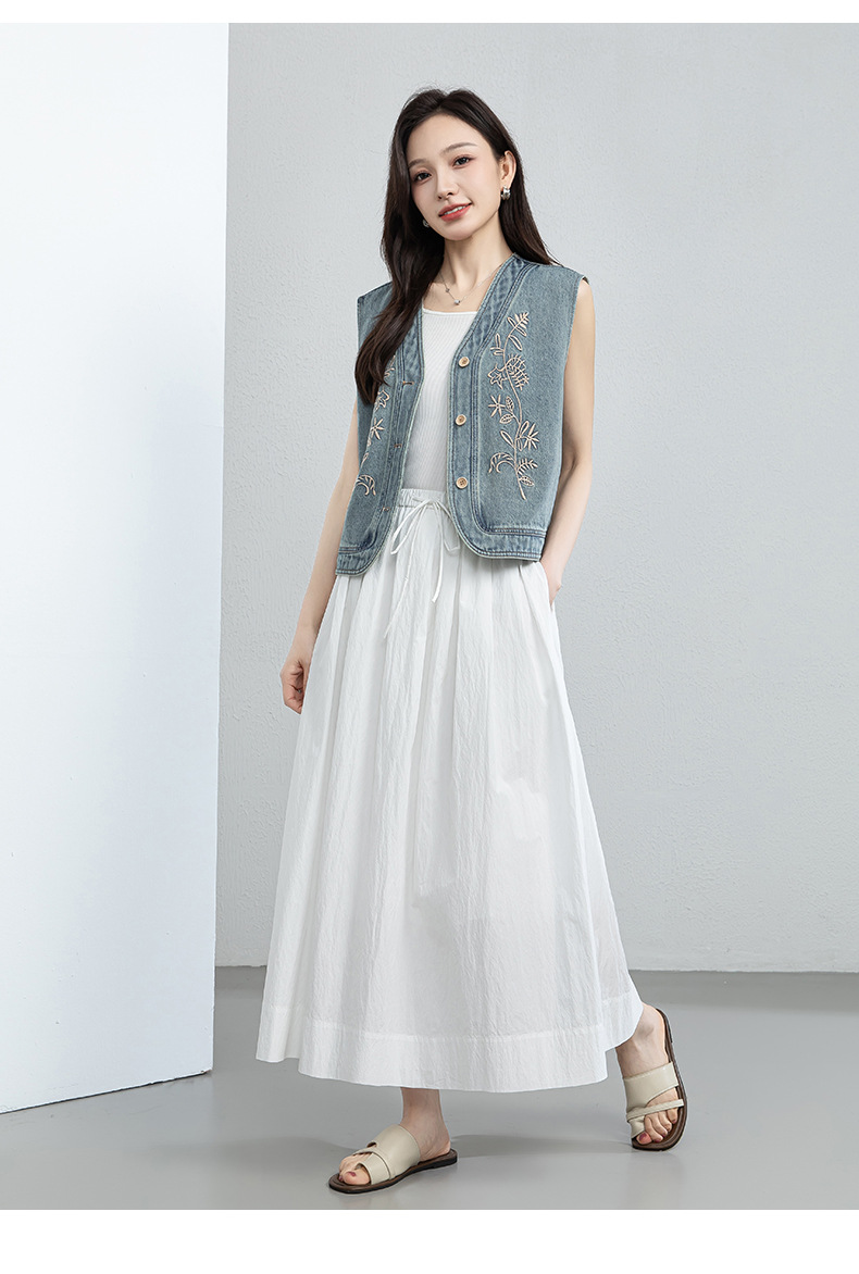 Áo vest denim thêu hoa nữ không tay, phong cách rộng thoải mái — xanh lam chi tiết 19