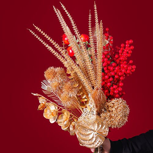 New Year's Eve Flower Blessing Bucket Material Golden Eucalyptus Fan Leaf Simulation Holly Ginkgo Gold Leaf Flower Packaging Wholesale