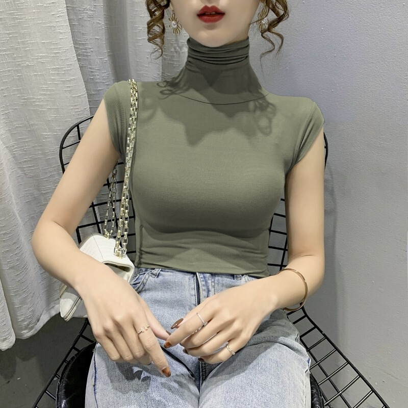 Heap High Neck Base Shirt Women's Stylike Short Sexy Vest Tight Chest Shirt Thin Sleeveless T-shirt