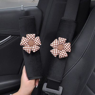 Seat belt shoulder pad, Internet Celebrity Cute Camellia Four-Season - a-pair-of-short-plush-shoulder-pads-brown-plaid-flowers