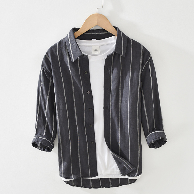 2808 Japanese Retro Striped Shirt Summer Thin Three-Quarter Sleeve Men's Linen Loose Shirt Trendy Dropshipping