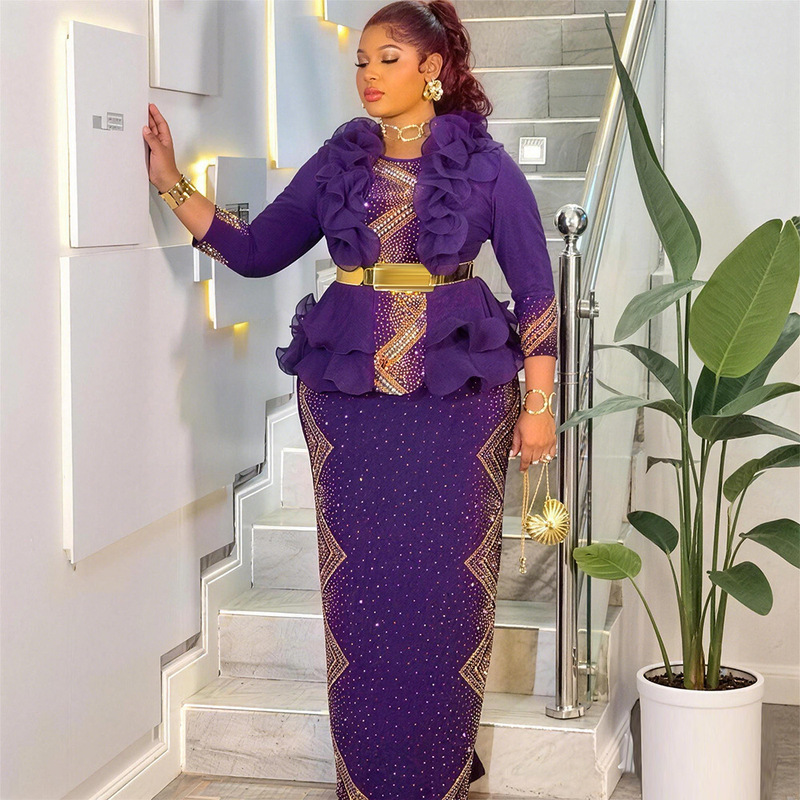 New Elegant Evening Dress for Cross-Border Trade, Aliexpress African Plus-Size Rhinestone Women's Dress with Ruffled Edges New Elegant Evening Dress for Cross-Border Trade, Aliexpress African Plus-Size Rhinestone Women's Dress with Ruffled Edges