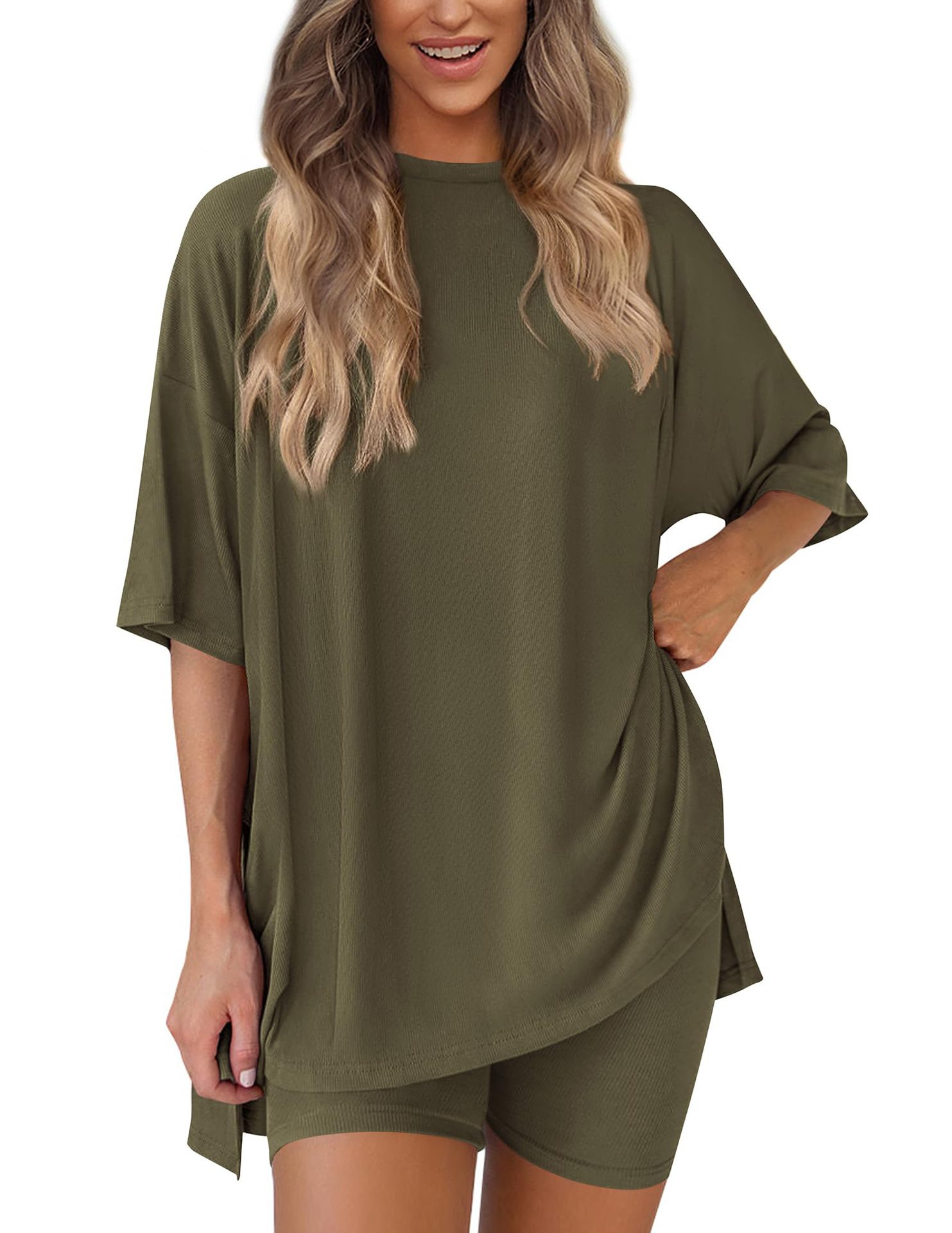2025 Spring Summer European And American Cross-Border New Loose Fashion Solid Color Casual Short Sleeve Shorts_ecoleips.com