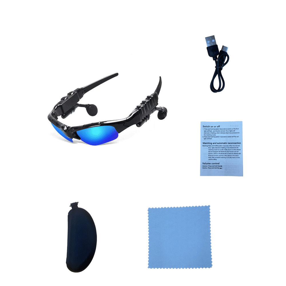 Montura negra con lentes azules recubiertas (incluye funda de cuero, paño de limpieza, instrucciones y cordón).