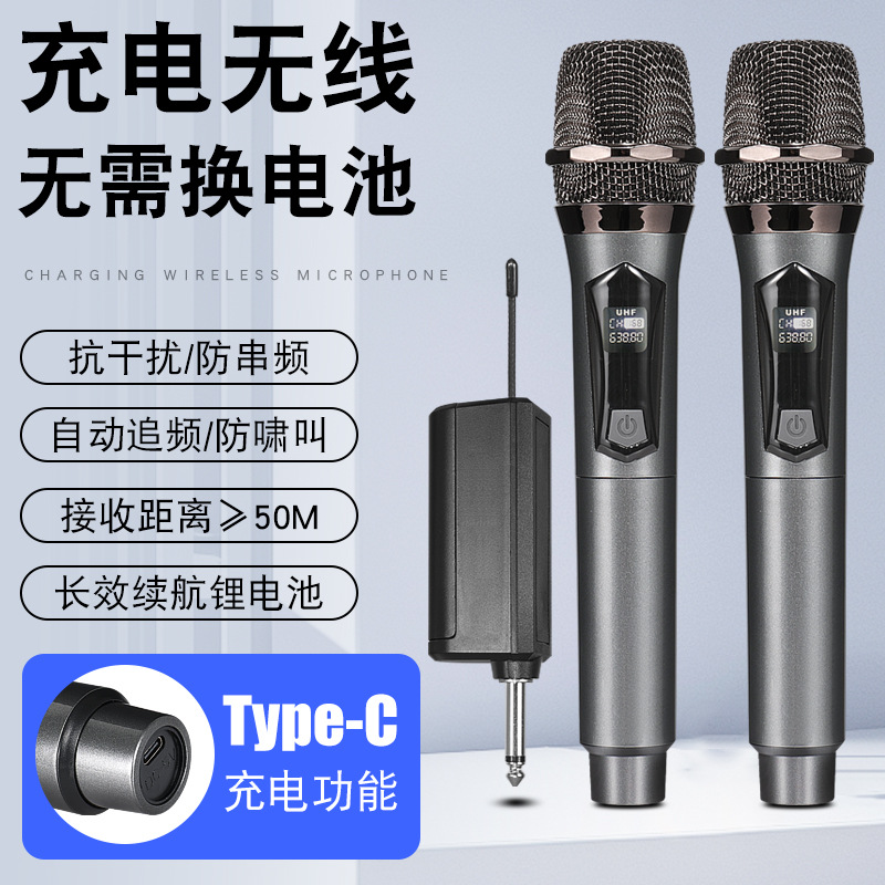 Wireless Microphone One-To-Two Karaoke Outdoor Speaker Mobile Phone Sound Card Live Broadcast Speaker Microphone with Amplifier Dual Channel
