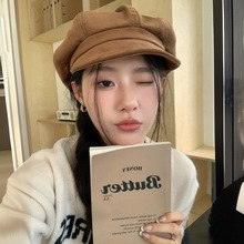 秋冬八角帽女百搭纯色大头围素颜韩版文艺帽子短檐复古简约贝雷帽