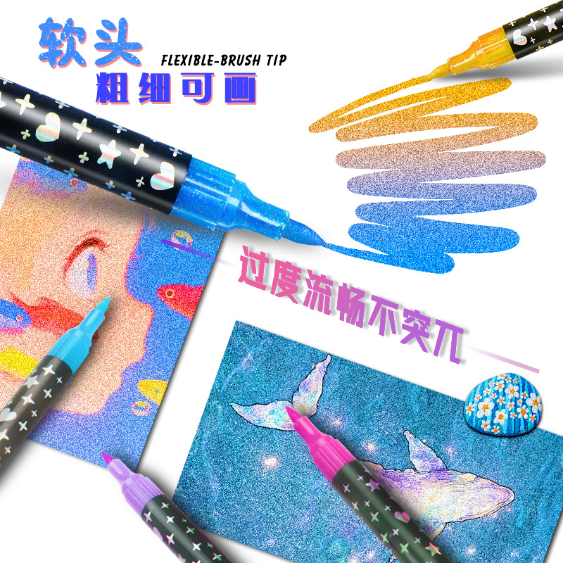 Bolígrafo de doble color de doble cabeza de explosión transfronteriza conjunto de bolígrafo de marca de cabeza suave para pintura con polvo de brillo de perlas