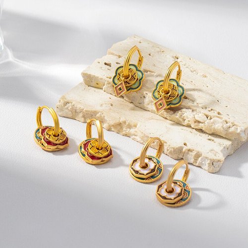 Vintage Colorful Enamel New Chinese Style Earrings with Drip Glaze Round Circle Ethnic Style Niche Luxury High-End Earrings for Wholesale