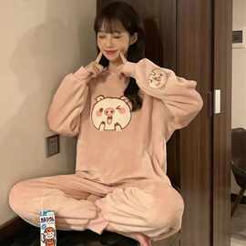 珊瑚绒睡衣女2024年新款秋冬季加厚加绒可爱法兰绒套装网红家居服