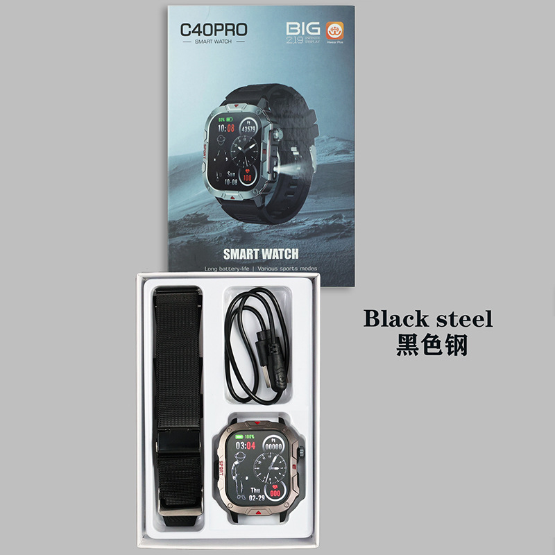 C40Pro: frecuencia cardíaca real, conteo de pasos real (acero negro)