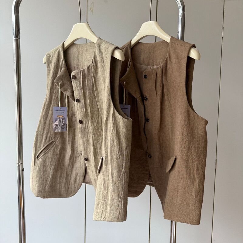 Alxa Camel Velvet Lined with 100 Cotton! 100 Linen Round Neck Multi-Button Lightweight Loose Sleeveless Vest for Women Autumn