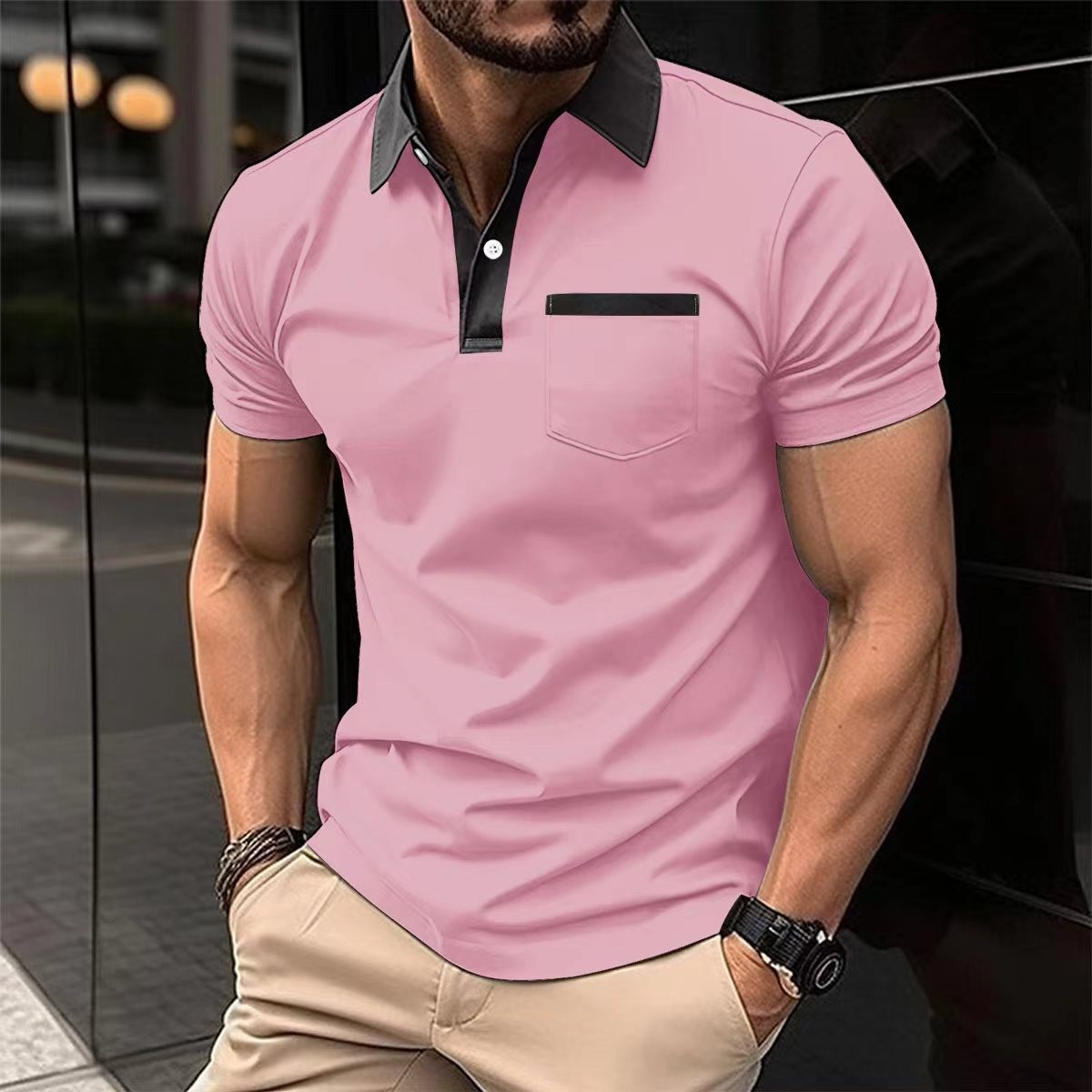 Stazione indipendente, moda transfrontaliera europea e americana, colletto risvoltato, vestibilità slim, tasca frontale, manica corta_voghion.com