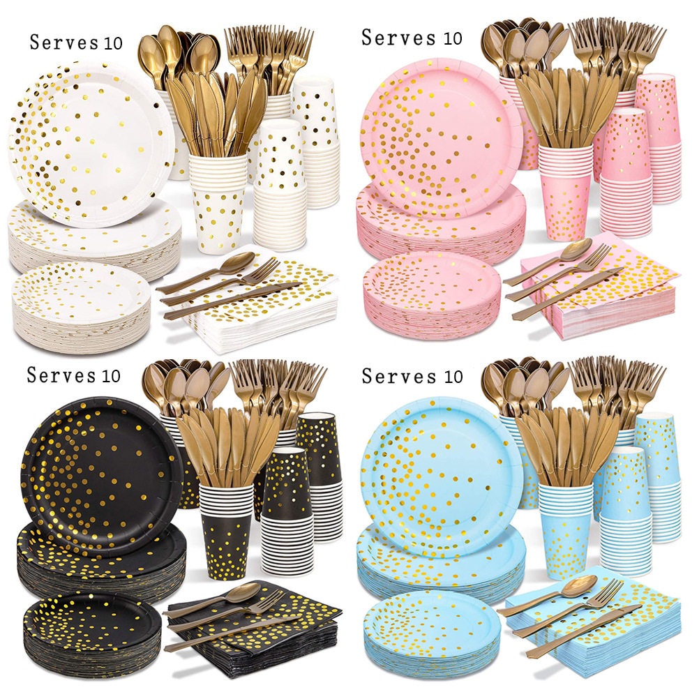 Foreign Trade Bronzing Disposable Tableware suit Birthday Bronzing Dot Paper Tray Paper Cup Party Decoration Props