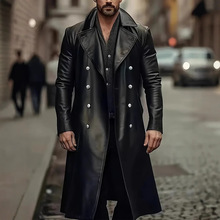 跨境新款欧美工装长款皮衣风衣男双排扣外套德国军装皮大衣