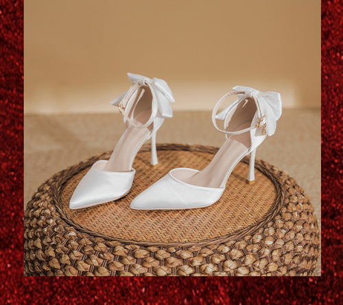 Baotou single-strap shoes, wedding shoes for women, white satin bridal shoes matching wedding dress, pointed-toe stiletto heels for bridesmaids
