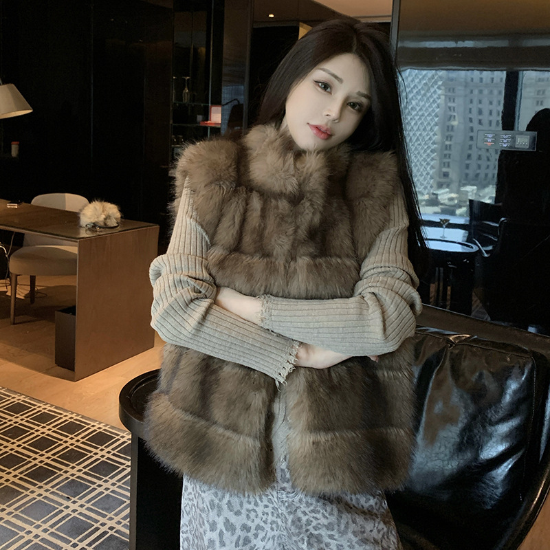实拍冬季立领小个子时髦环保狐狸毛外套女时尚显瘦复古马甲仿皮