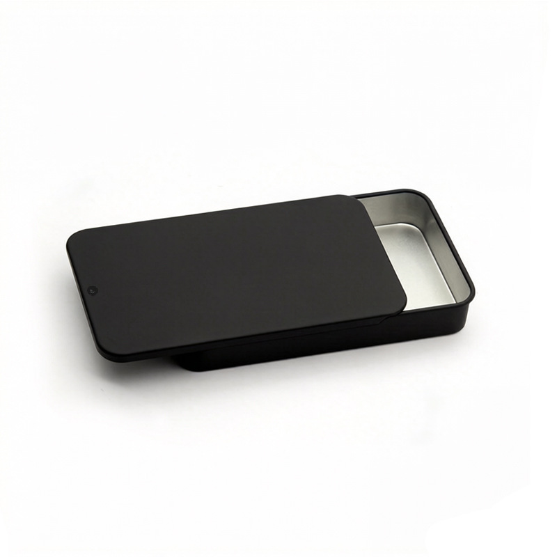 Caja de hojalata deslizante negra en stock, mini caja de hojalata para bálsamo, nueva serie de cajas cuadradas de almacenamiento con sistema de apertura y cierre. image 28