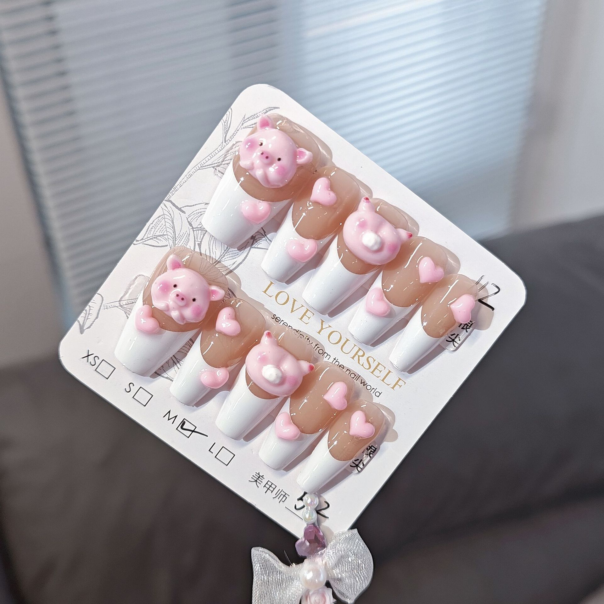 10 piezas de polvo de uñas hechas a mano cerdo parche de uñas francés parche de uñas producto acabado lindo largo falso