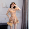 Mesh stitched waist down PLAID RUFFLE SKIRT