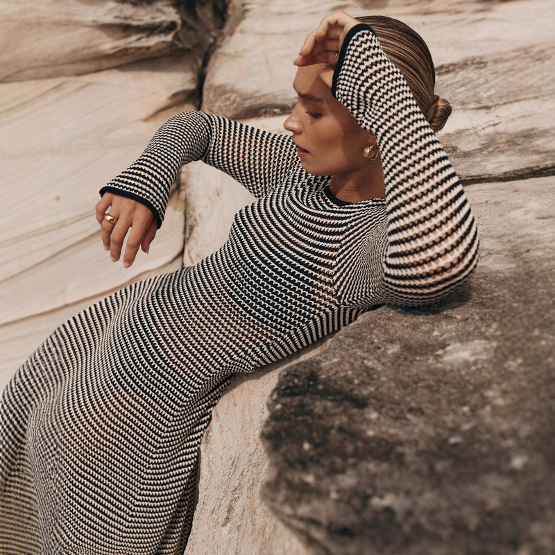 2023 Mesh Striped European and American Style Beach Vacation Sexy Long Dress Knitted Hollow Long Dress Blouse Summer