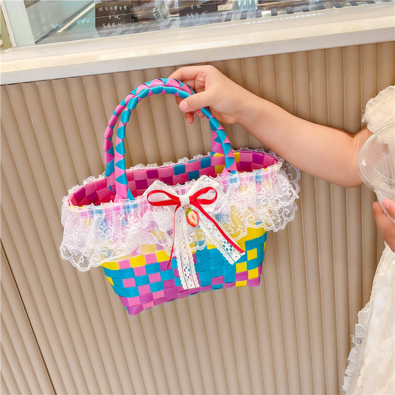 Al por mayor pastoral cesta de verduras niña los niños dibujos animados conejo fresco color tejido bolso la muchacha