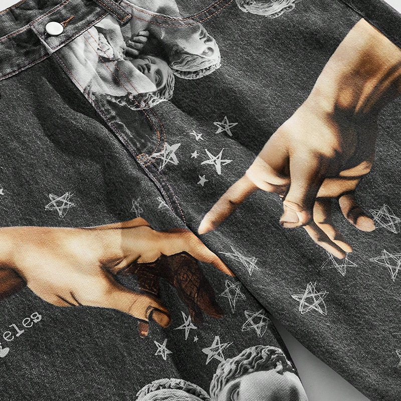 Pantalones de cinco puntos de mezclilla impresos europeos y americanos transfronterizos para hombres con impresión de material 3D inyección directa tendencia personalidad pantalones cortos casuales