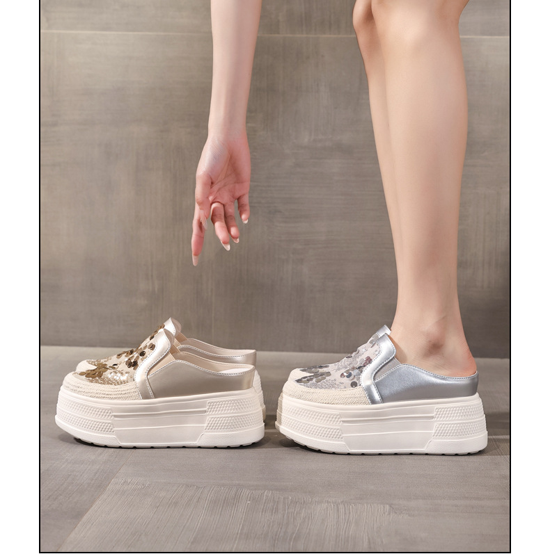 Giày sneaker nữ đế dày tăng chiều cao, kiểu lười một chân, mũi trùm, phối sequin, mùa hè 2026 — màu vàng, bạc chi tiết 17
