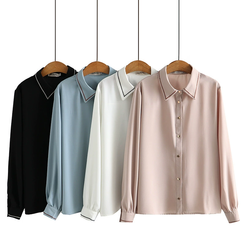 2022 Весна Корейская версия больших размеров с вышивкой на лацкане 200 кг рубашка женская с длинными рукавами и золотыми пуговицами темперамент пухлая рубашка для девочек 2189