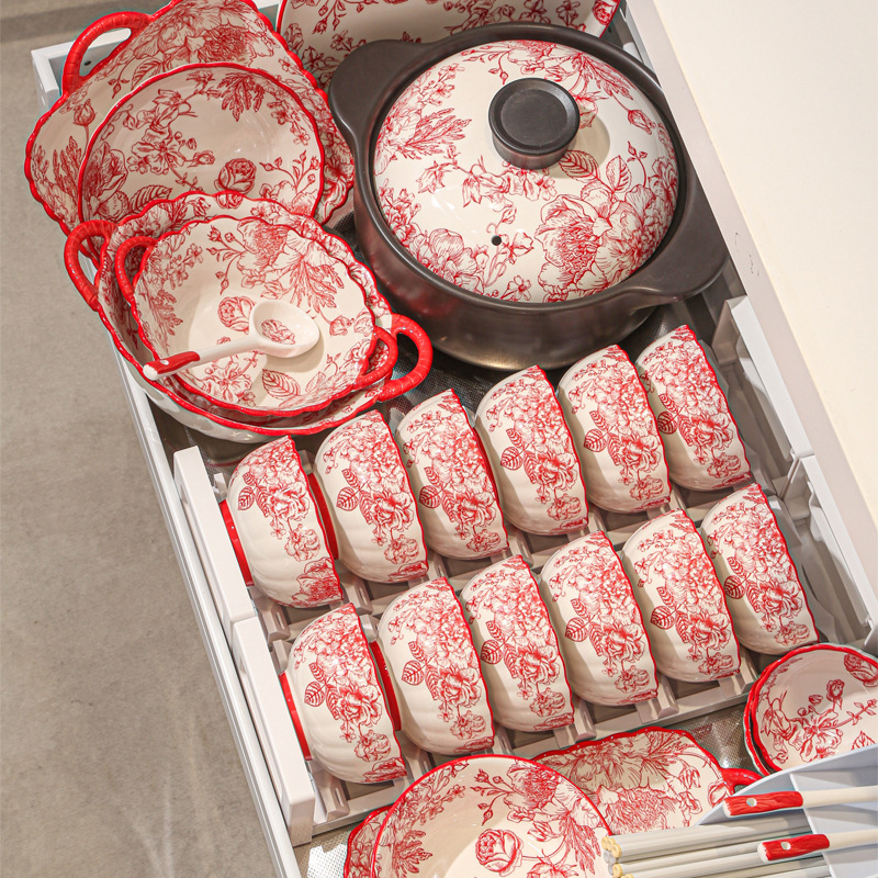 Red Festive Dishes suit Household Ceramics High Color Value Wedding Gifts Dishes Dishes and Chopsticks Combination Dishes and Gifts