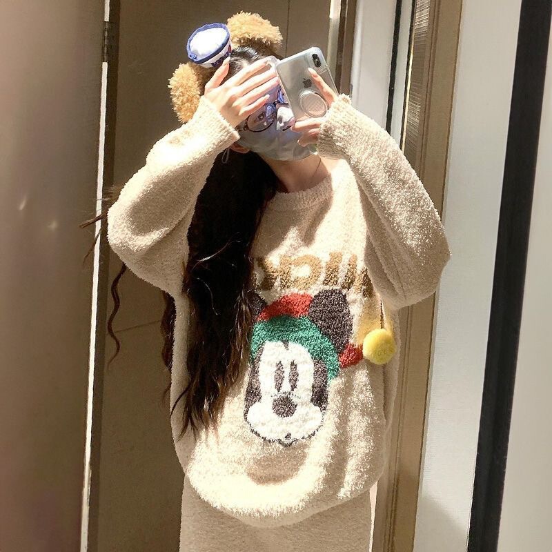 Sweet Temperament Fun Cartoon Mickey Mouse Jacquard Crewneck Sweater Female Student Autumn and Winter Knitted Shirt Home Pajamas