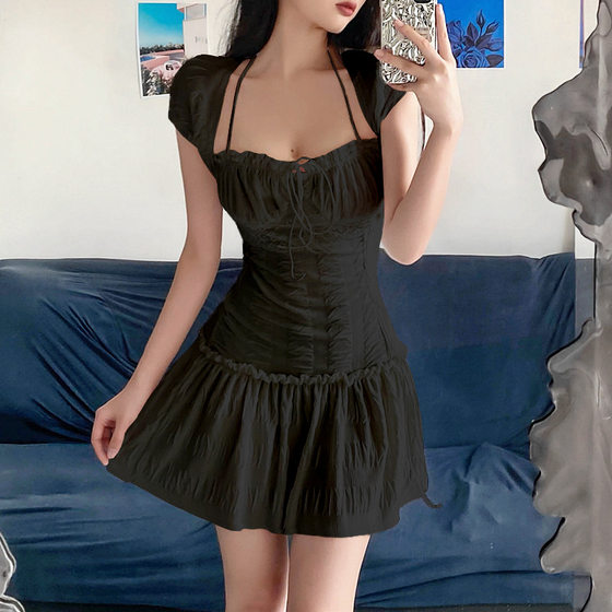 European and American Foreign Trade Summer Women's Sweet and Spicy Style Square Neck Hanging Neck Lace-up Ruffled Micro-transparent Design Short-sleeved French Dress