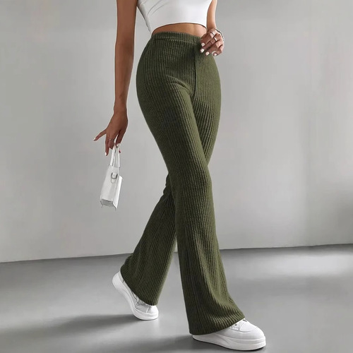 Spring/Summer European and American Women's Flared Pants, Autumn Solid-Color Ribbed Knitted Micro-Flared Fashionable All-Match Slim-Fit Women's Trousers