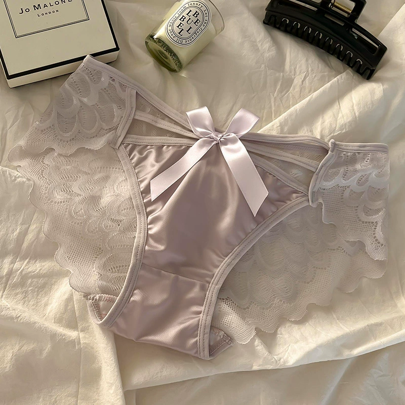 Японский стиль женские трусы Lace, хлопковая смесь, средняя талия с декоративным бантом, дышащие