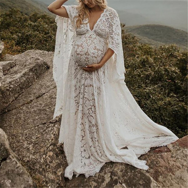 Spring and Summer New European and American Cross-Border Amazon Maternity Fluffy Lace Dress with Large Hem and Long Skirt
