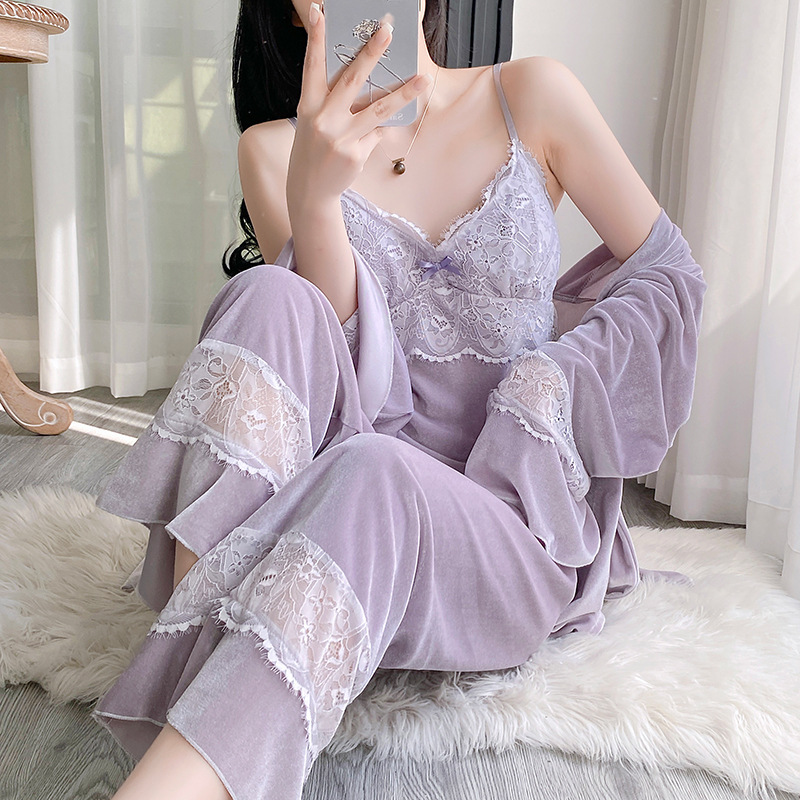 Sexy Pajamas Autumn and Winter Women's Golden Velvet New Lace Sling Nightgown Spring and Autumn with Chest Pad Home Clothes Three-piece Set