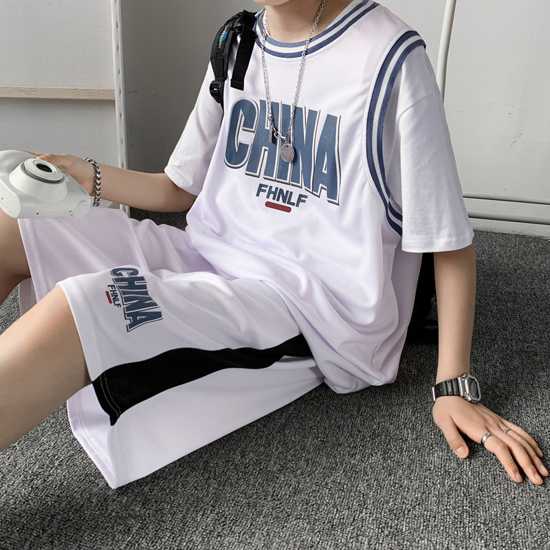 假两件运动足球衣蓝球服男夏潮一套装青少年初中学生2021短袖T恤