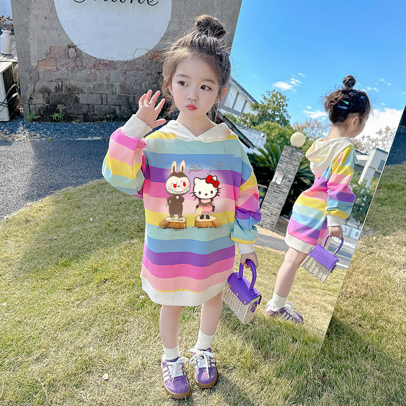 女童卫衣裙2025春装新款女宝宝韩版洋气中长款彩虹条纹儿童拉布布|undefined