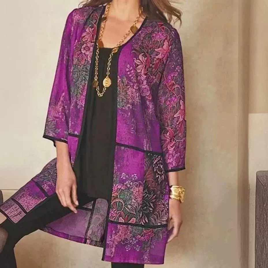 Camisa larga de mujer transfronteriza Camisa de protección solar impresa a prueba de rayos UV Abrigo de mujer 3/4 manga de media longitud aire acondicionado chal de mujer