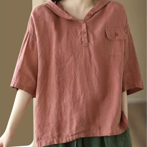 Spring and summer new Chinese hooded top 2025 new T-shirt pure color casual style comfortable loose quarter sleeve women