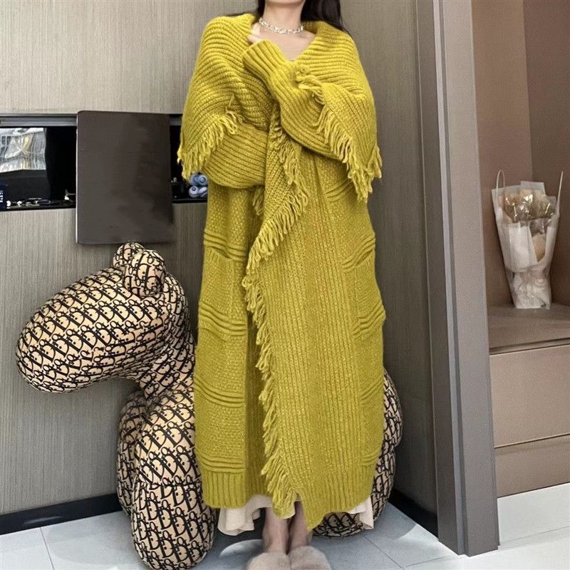 Plus size fat mm400kg over-the-knee knitted cardigan sweater women's autumn and winter temperament loose mid-length coat