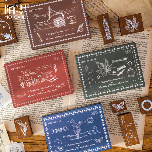 Momo Wooden Seal Set Memories of the Past Series DIY Stationery Handbook Decorative Prints 4 Types 7 Pieces