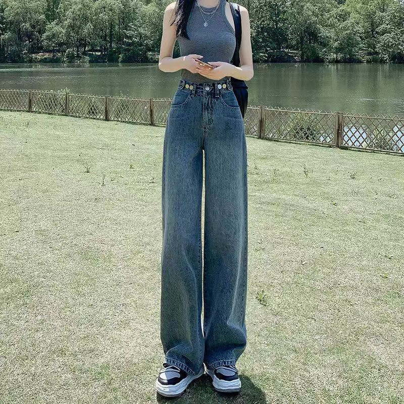 Adjustable waist jeans women's new summer high waist retro straight pants small wide leg mop long pants