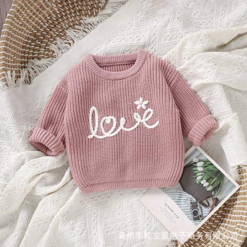 Bestselling Item for Infants and Toddlers: Autumn/Winter Children's Hand-Embroidered Alphabet Knit Top for Girls - Long-Sleeve Hooded Sweater