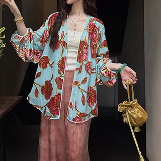 现货【南枝仙】非遗梭织皮丝绒烂花开衫2026复古印花盘扣开衫外套